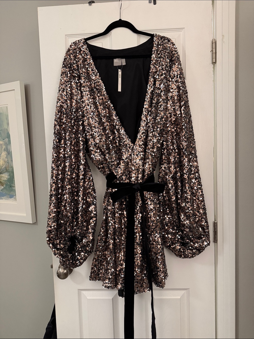 ASOS Rose Gold Sequin Wrap dress with Black Velvet Tie